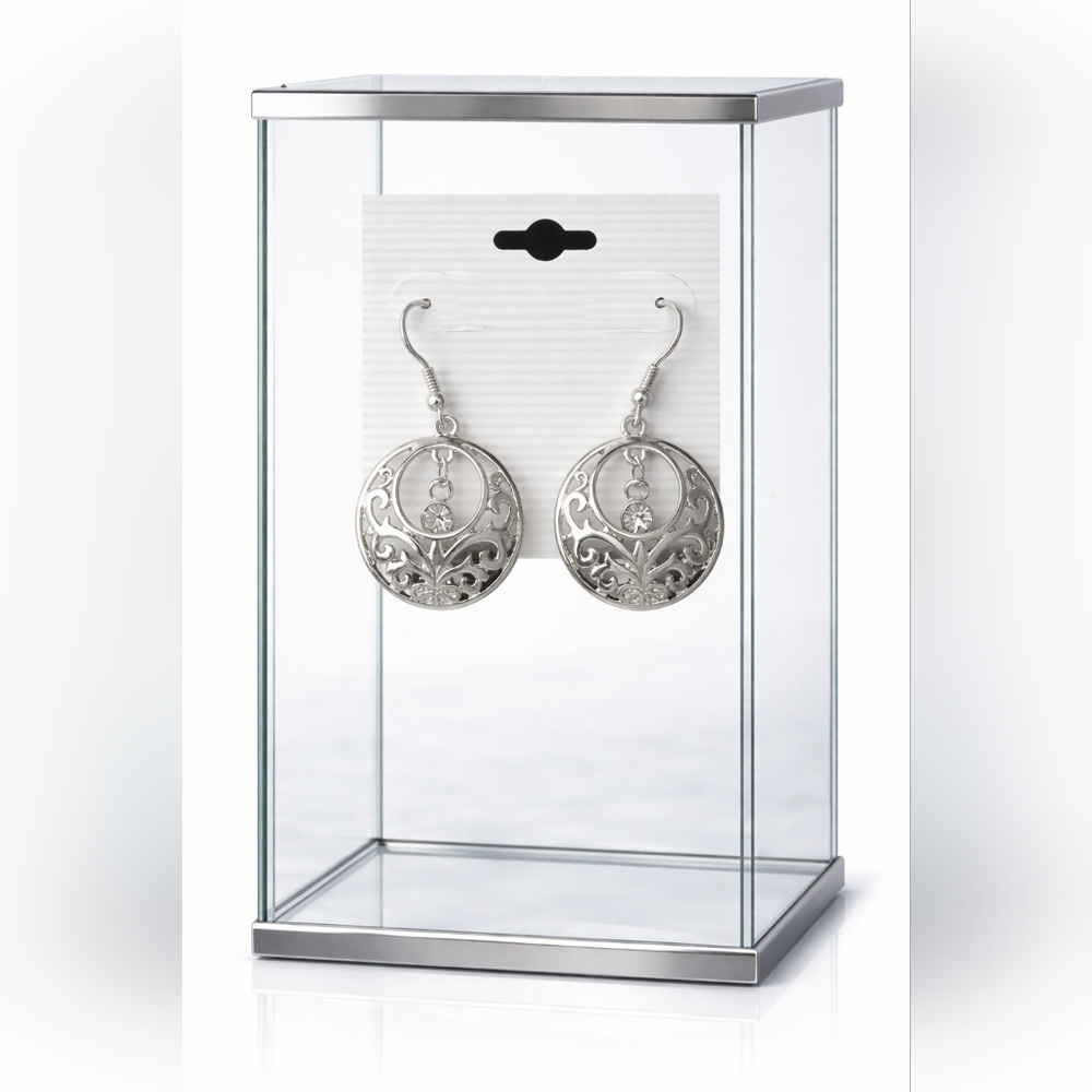Silver dangle earrings with rhinestone decor